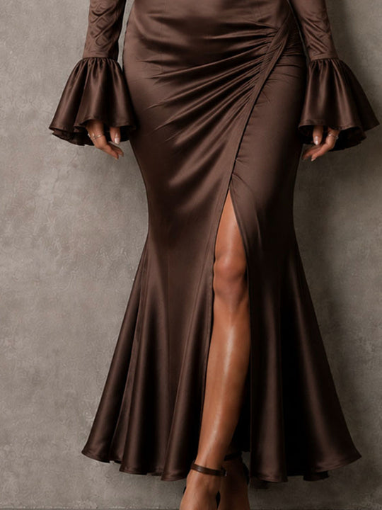 Retro Chocolate Satin Corset High Slit Mermaid Maxi Dress