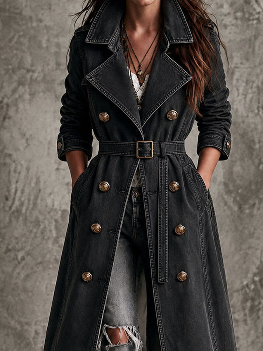 Retro Distressed Denim Lapel Double Breasted Belted Trench Coat