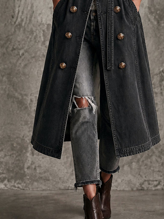 Retro Distressed Denim Lapel Double Breasted Belted Trench Coat