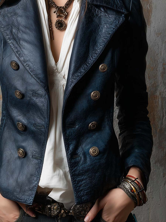 Military-inspired Double-breasted Faux Leather Jacket