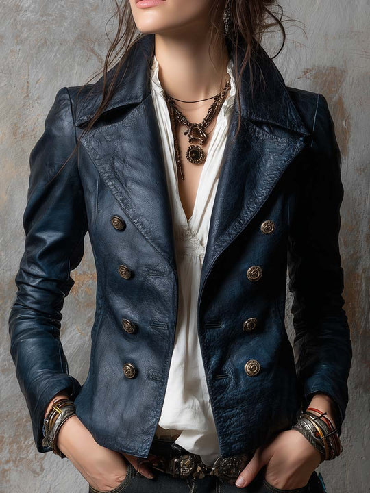 Military-inspired Double-breasted Faux Leather Jacket