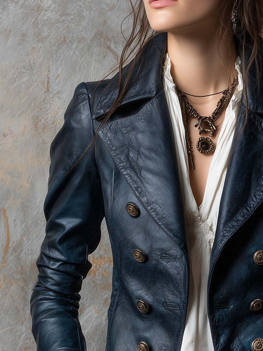 Military-inspired Double-breasted Faux Leather Jacket
