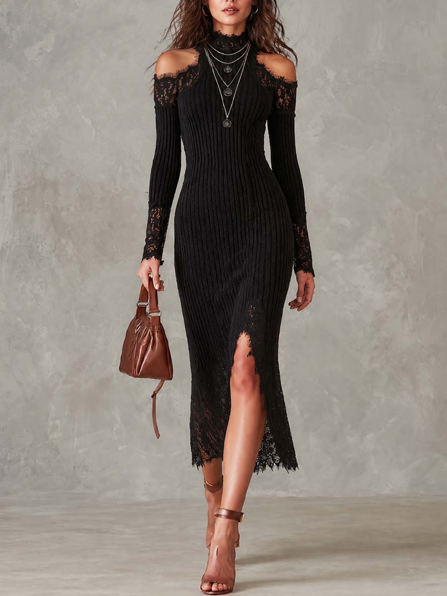 Vintage Lace Trim Cold-shoulder Knit Midi Dress