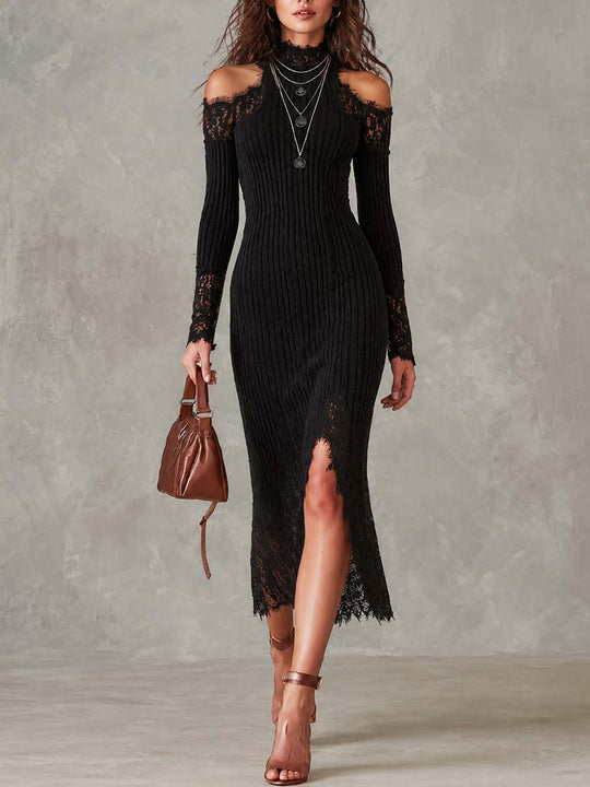 Vintage Lace Trim Cold-shoulder Knit Midi Dress