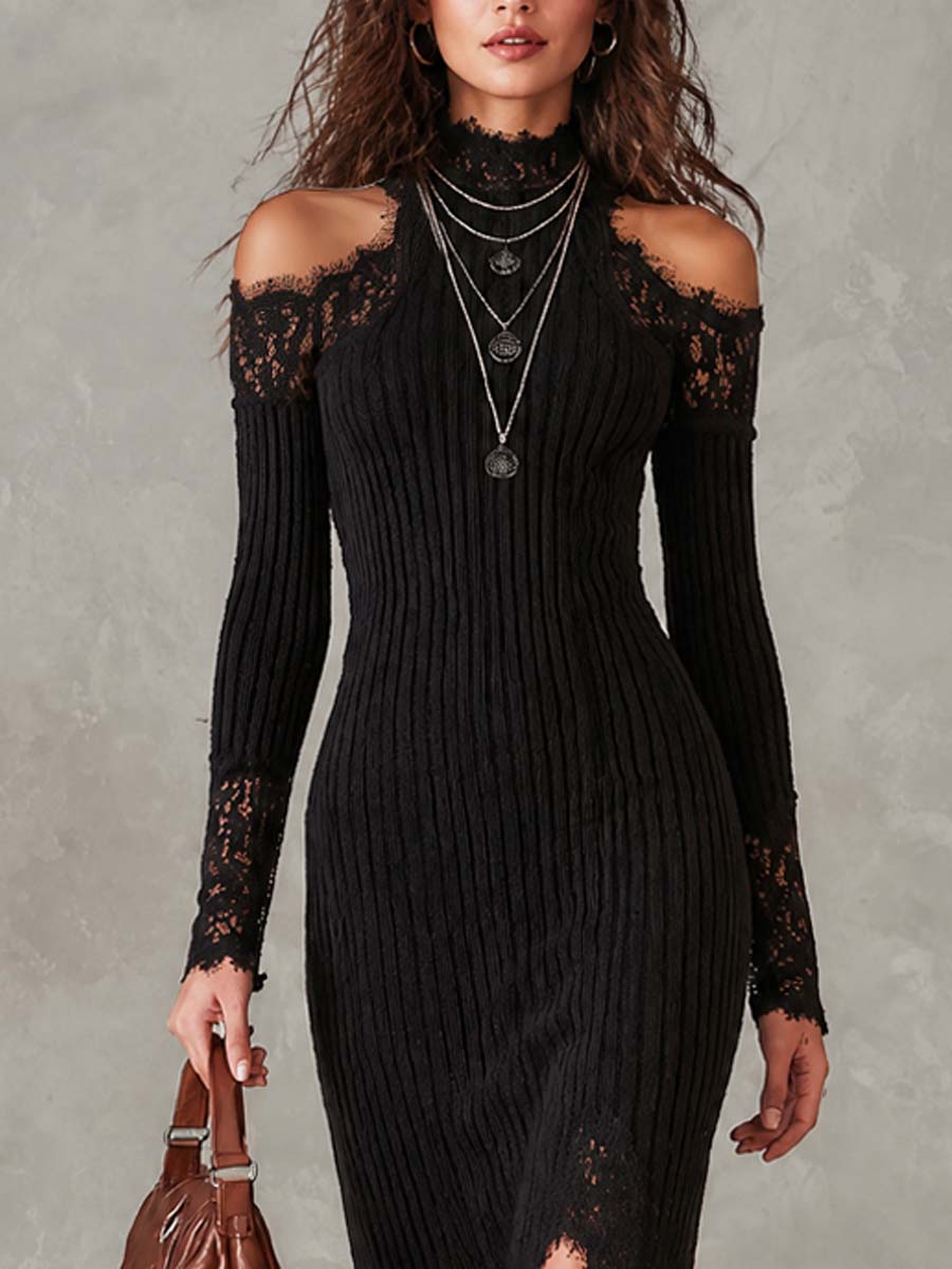 Vintage Lace Trim Cold-shoulder Knit Midi Dress