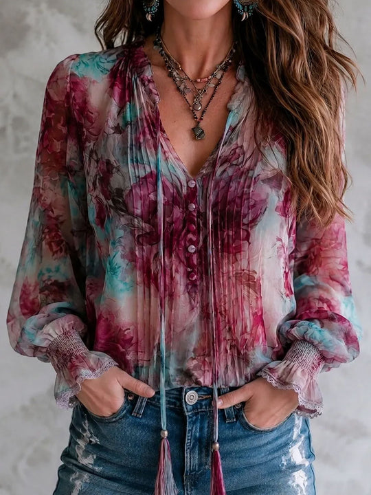 Boho Floral Print Tassel Tie Smocked Cuff Long Sleeve Blouse