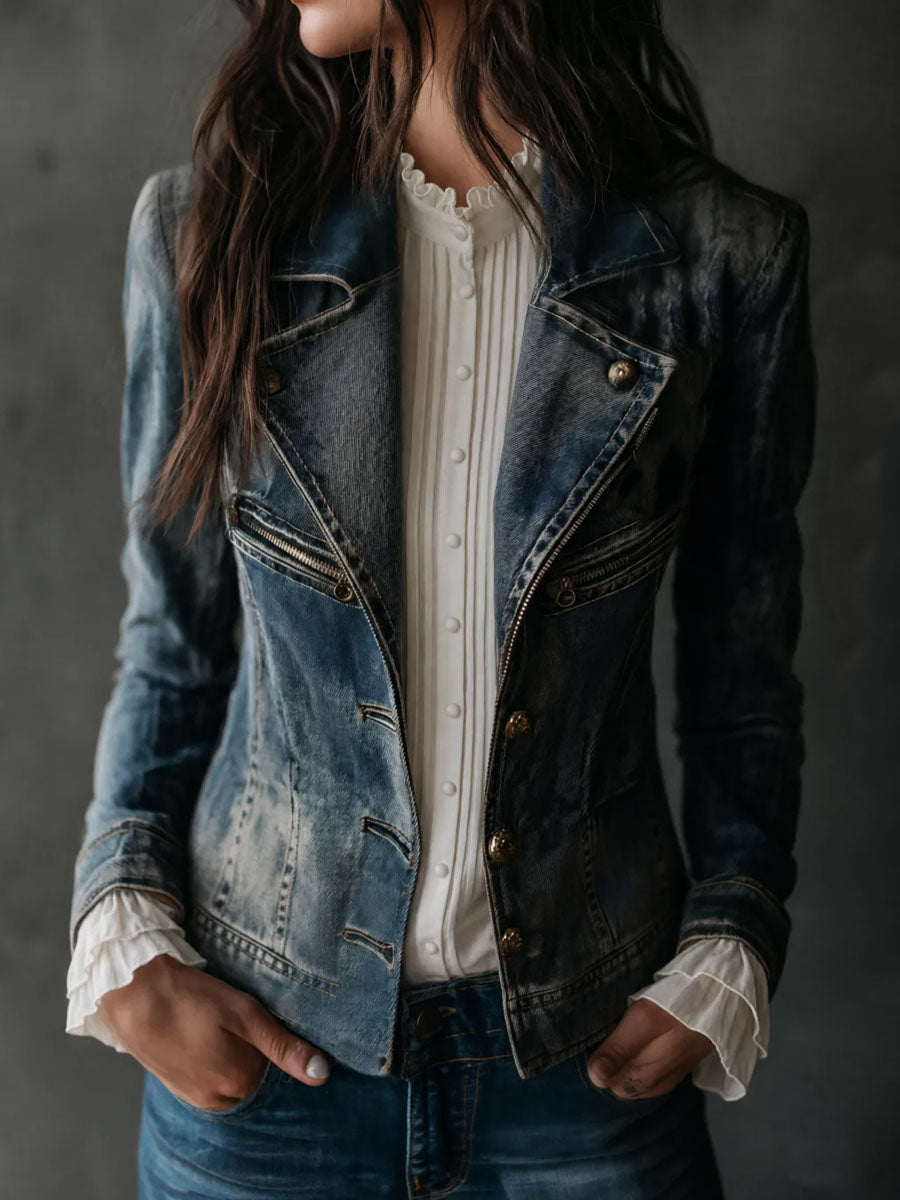 Vintage Washed Denim Moto Biker Zip Slim Jacket