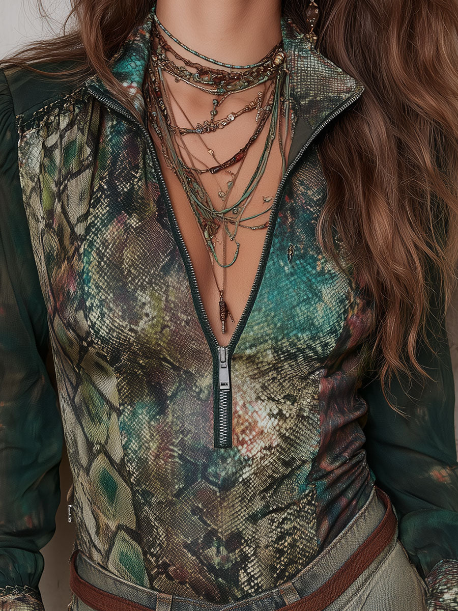 Retro Snake-print Satin Long-sleeve Blouse With Front Zipper