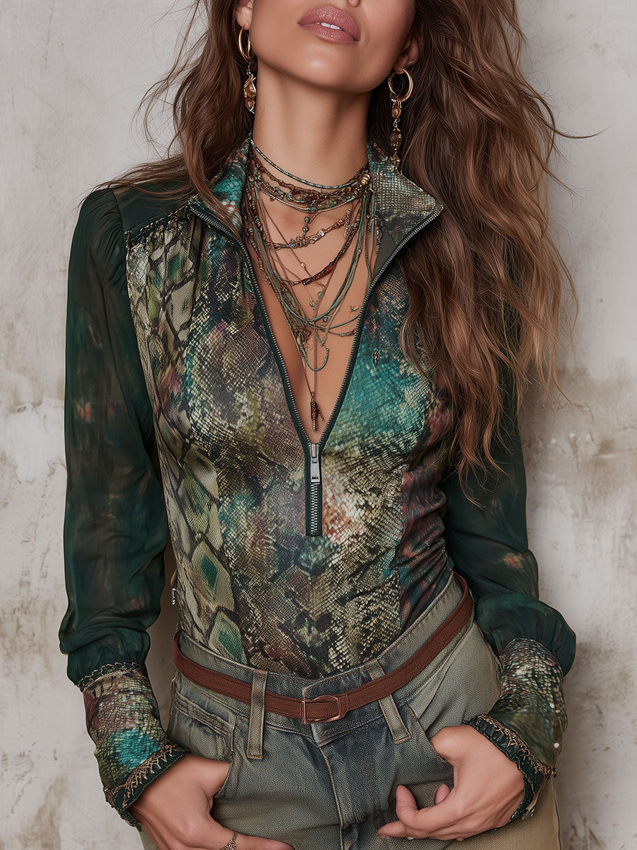 Retro Snake-print Satin Long-sleeve Blouse With Front Zipper