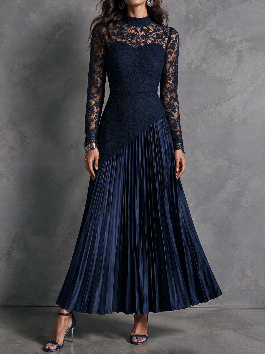 Elegant Mock Neck Lace Patchwork Pleated Satin Evening Maxi Dress
