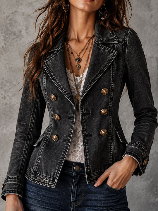 Vintage Washed Denim Lapel Double Breasted Jacket