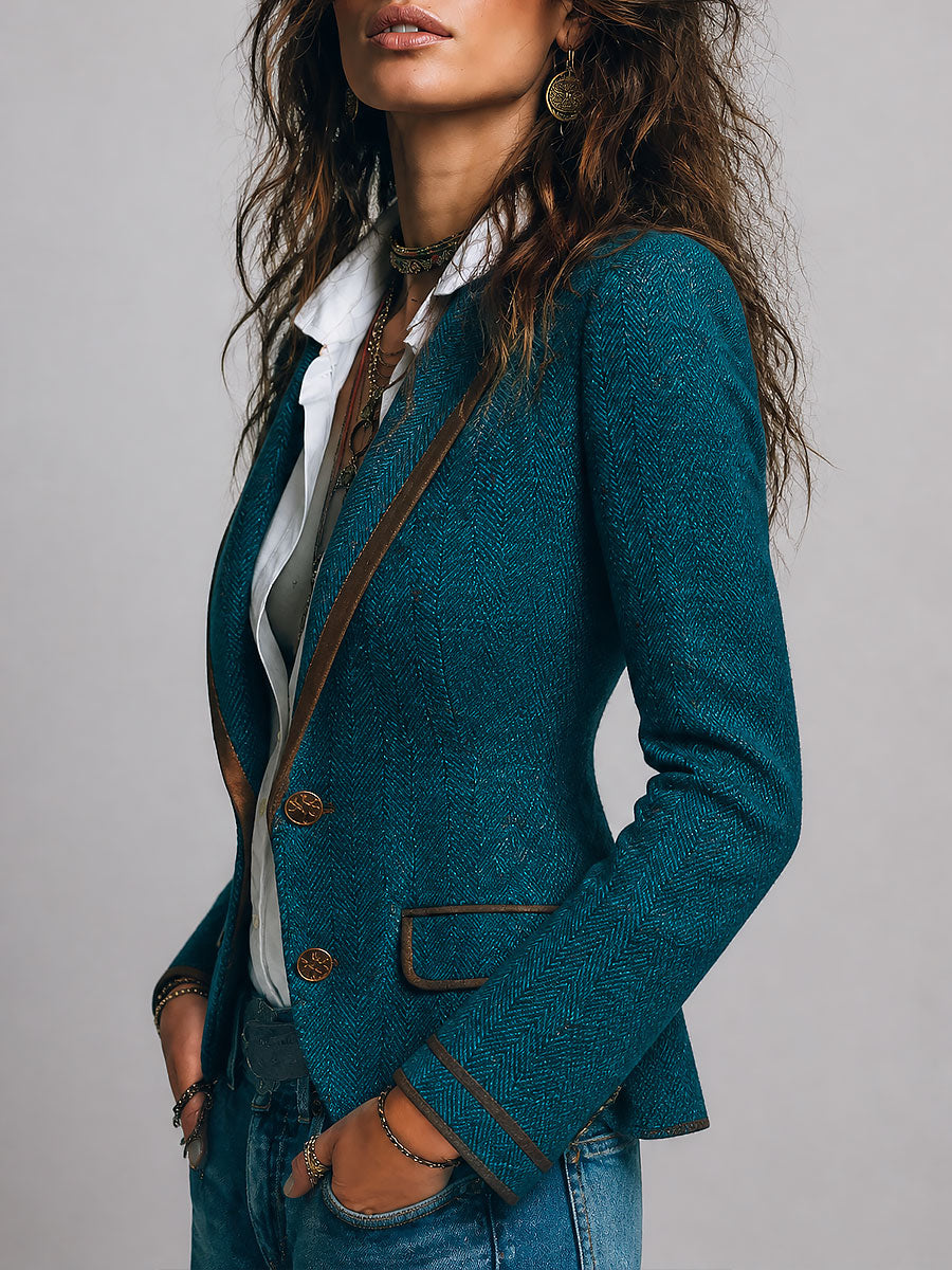 Retro Herringbone Tweed Fitted Blazer with Contrast Trim