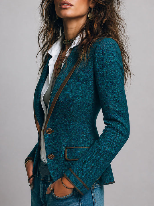 Retro Herringbone Tweed Fitted Blazer with Contrast Trim