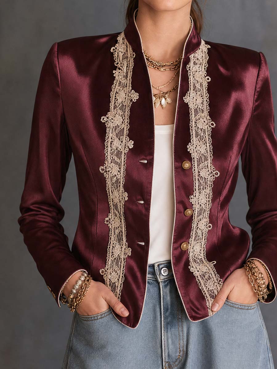 Boho Wine Red Satin Lace Patchwork Button Cropped Jacket