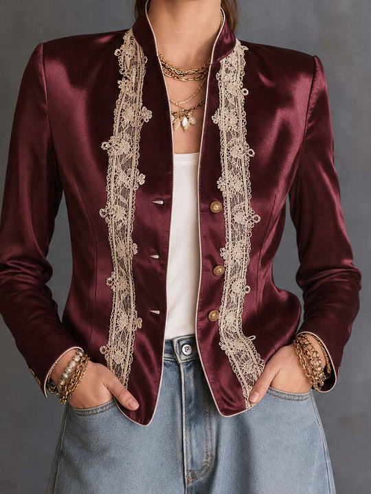 Boho Wine Red Satin Lace Patchwork Button Cropped Jacket