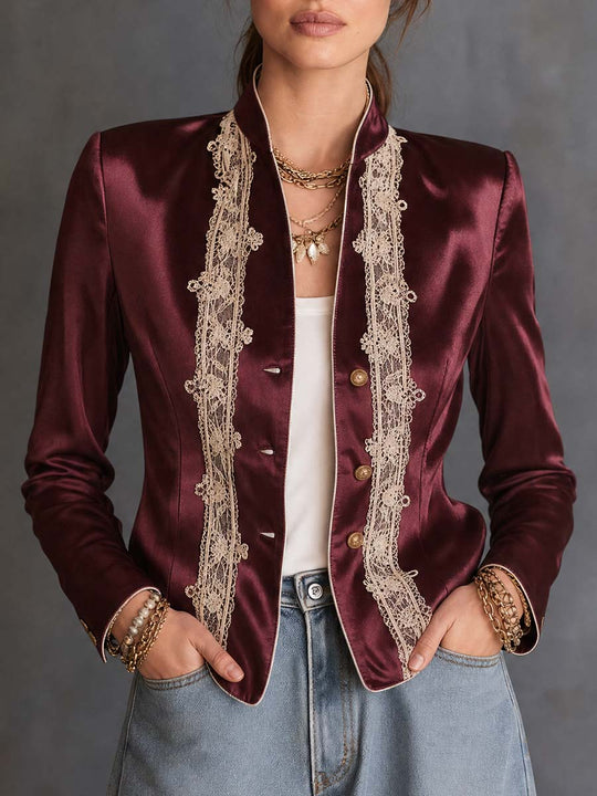 Boho Wine Red Satin Lace Patchwork Button Cropped Jacket