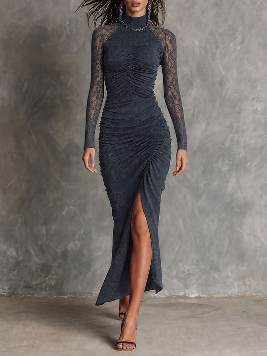 Boho Lace Sleeve Ruched Maxi Dress with Front Slit