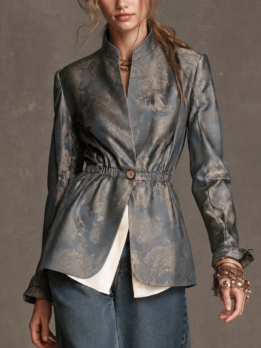 Boho Blue Gray Floral Jacquard Elastic Waist One Button Jacket