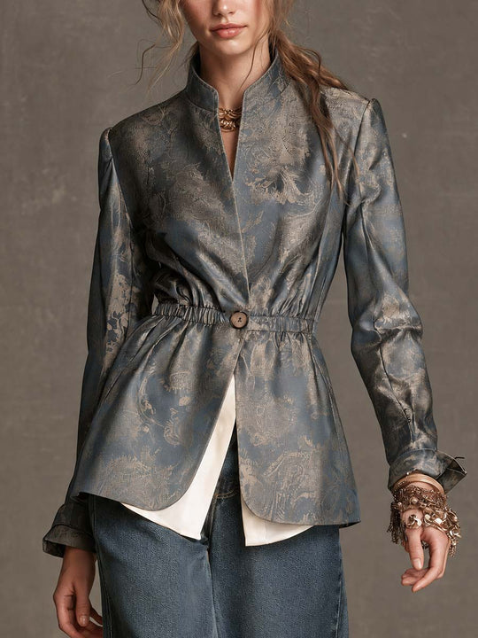 Boho Blue Gray Floral Jacquard Elastic Waist One Button Jacket
