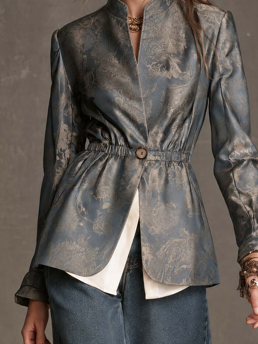 Boho Blue Gray Floral Jacquard Elastic Waist One Button Jacket