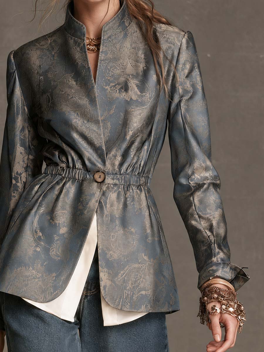 Boho Blue Gray Floral Jacquard Elastic Waist One Button Jacket