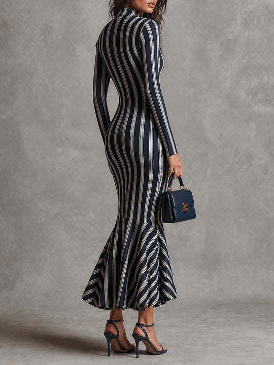 Boho Striped Mock Neck Long Sleeve Fishtail Maxi Dress