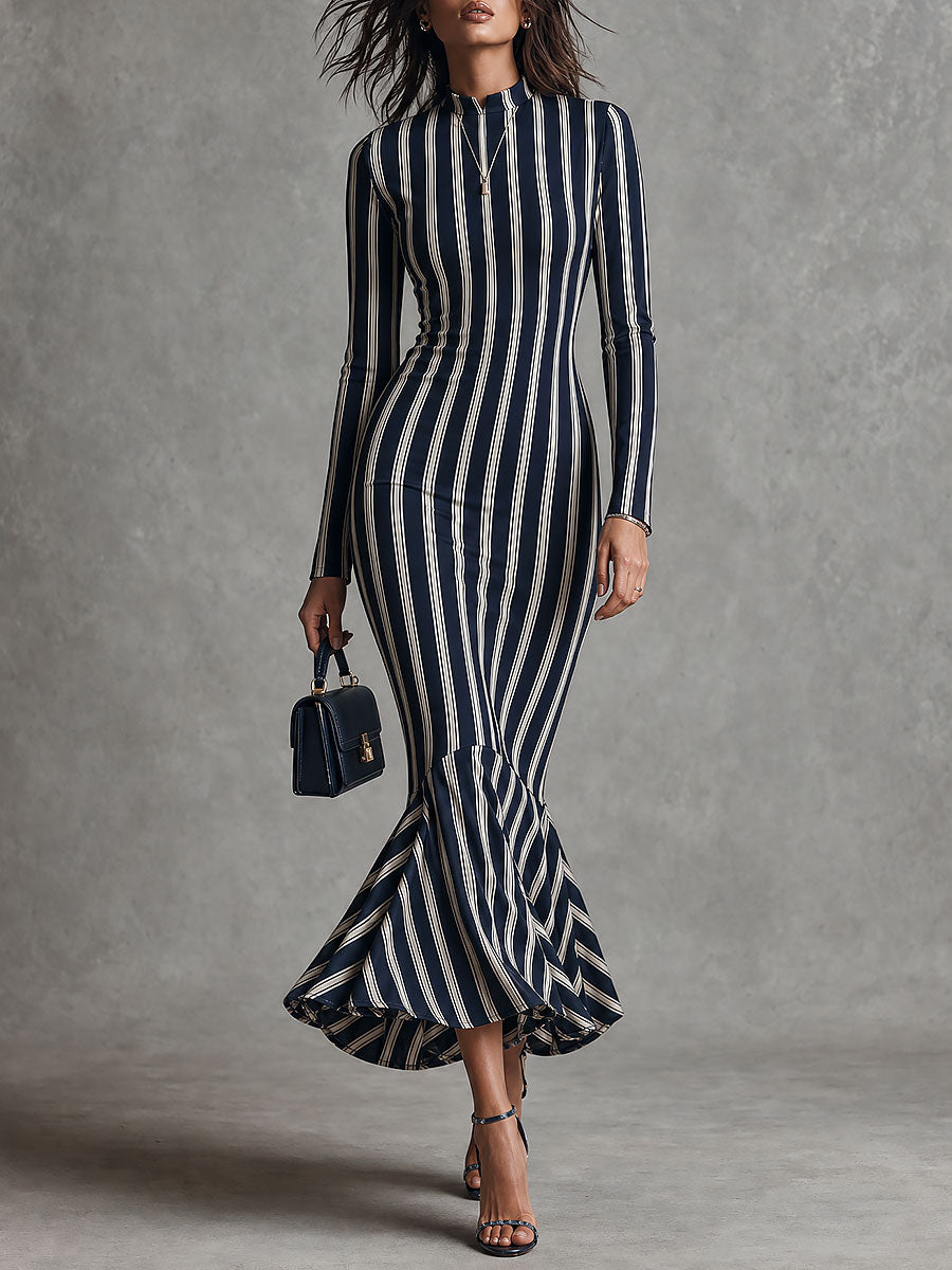 Boho Striped Mock Neck Long Sleeve Fishtail Maxi Dress