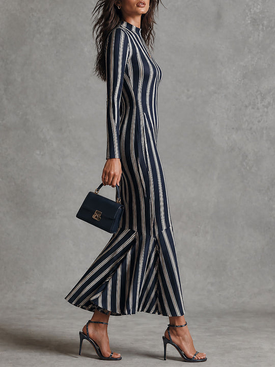 Boho Striped Mock Neck Long Sleeve Fishtail Maxi Dress