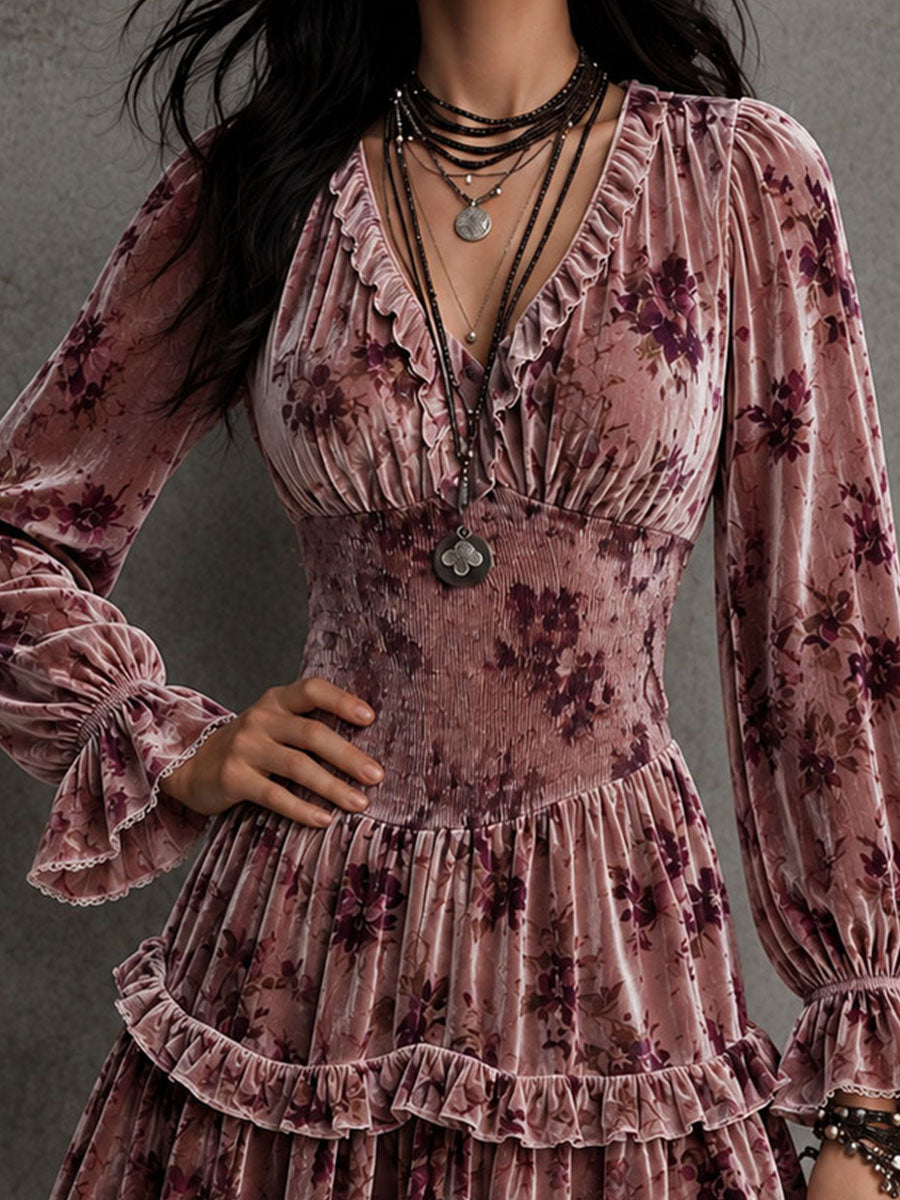 Boho Vintage Floral Velvet Smocked Waist Tiered MiniDress