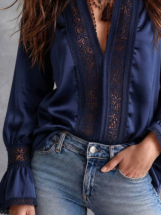 Boho Navy Satin Lace Trim Flare Long Sleeve Blouse