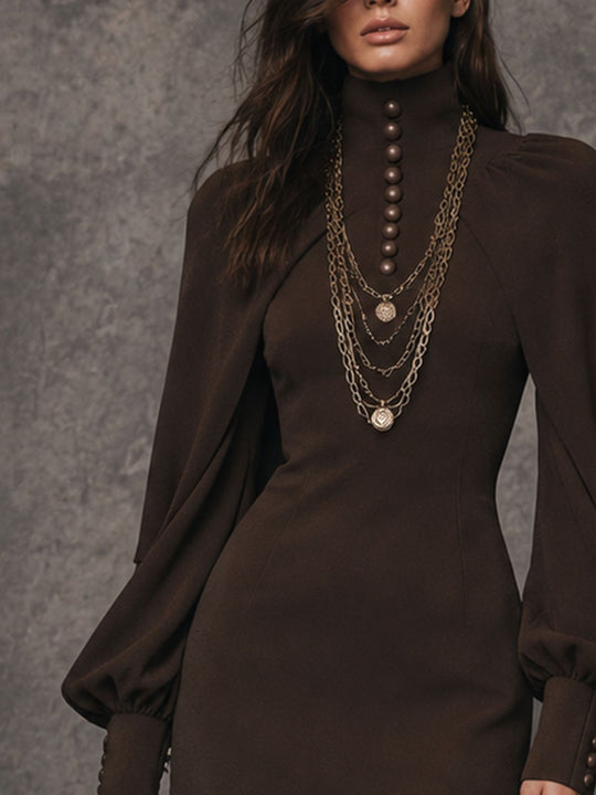 Vintage High Neck Cape Puff Sleeve Mini Dress