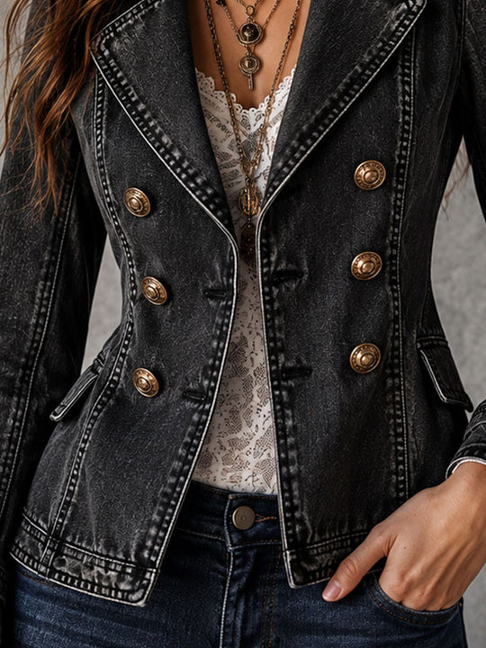 Vintage Washed Denim Lapel Double Breasted Jacket