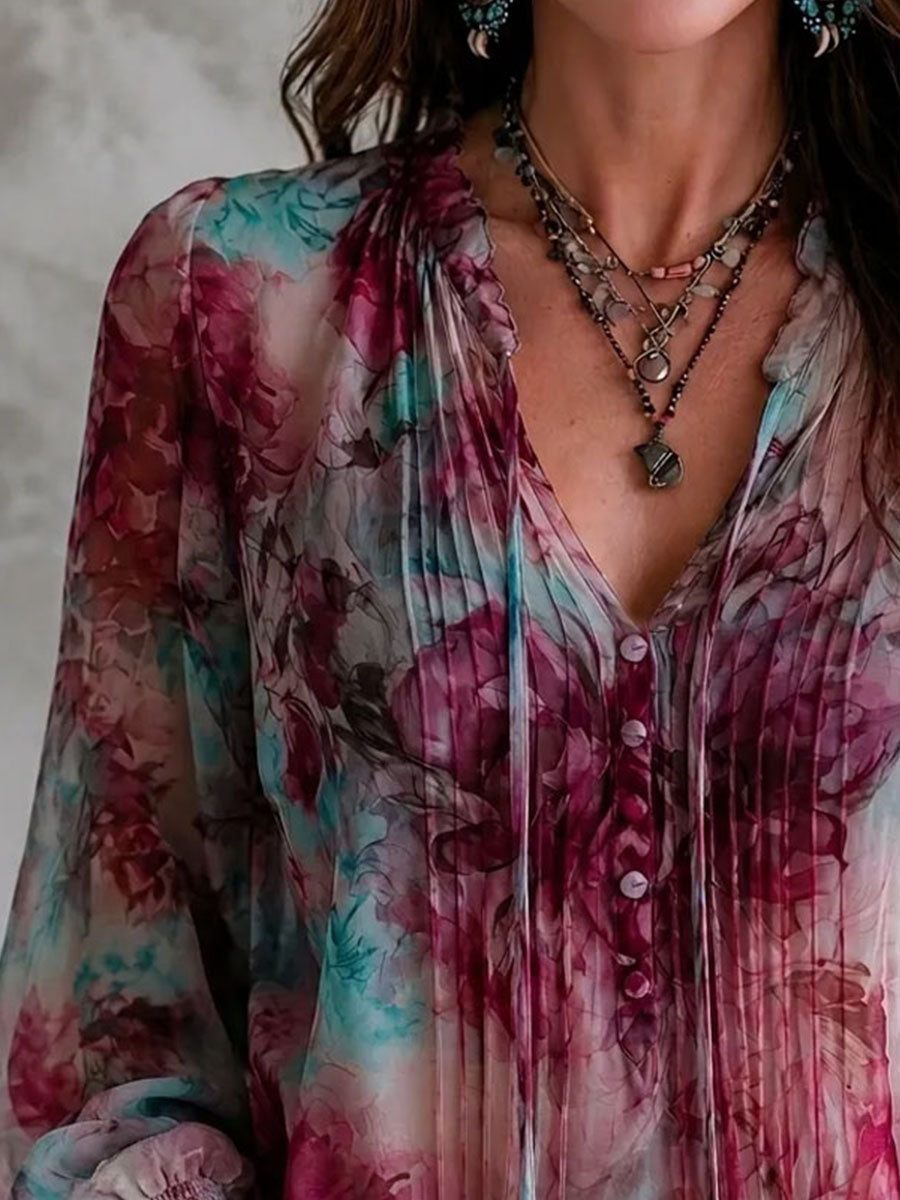 Boho Floral Print Tassel Tie Smocked Cuff Long Sleeve Blouse