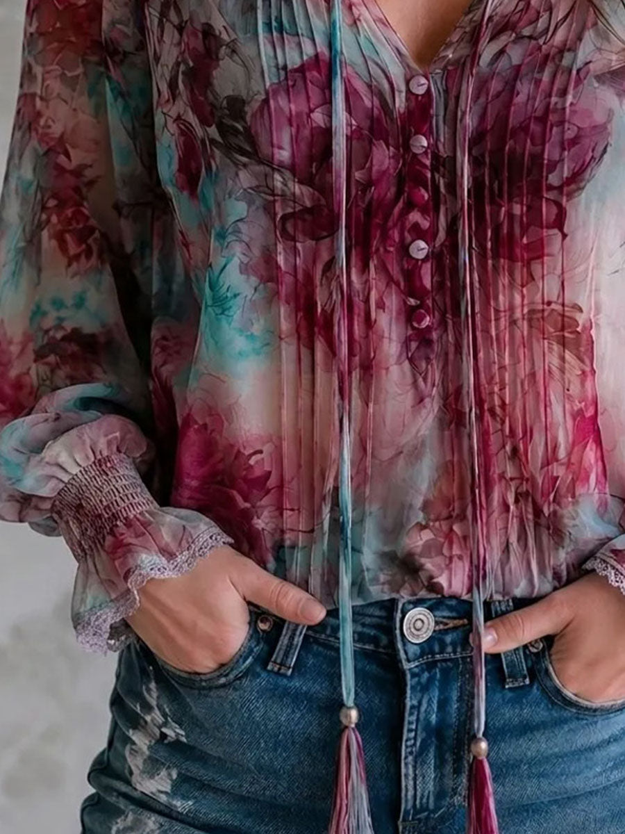 Boho Floral Print Tassel Tie Smocked Cuff Long Sleeve Blouse