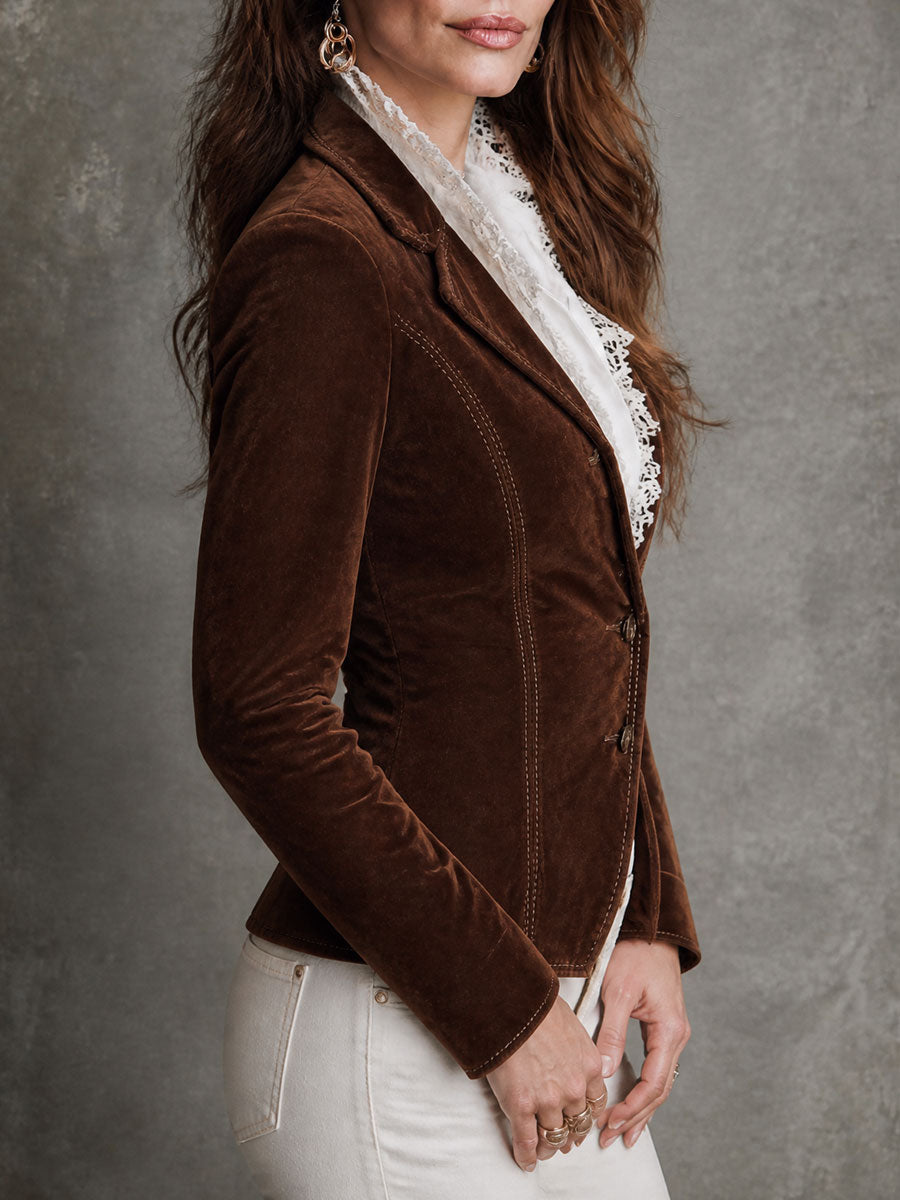 Boho Fitted Velvet Blazer with Contrast Stitching