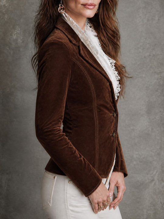 Boho Fitted Velvet Blazer with Contrast Stitching