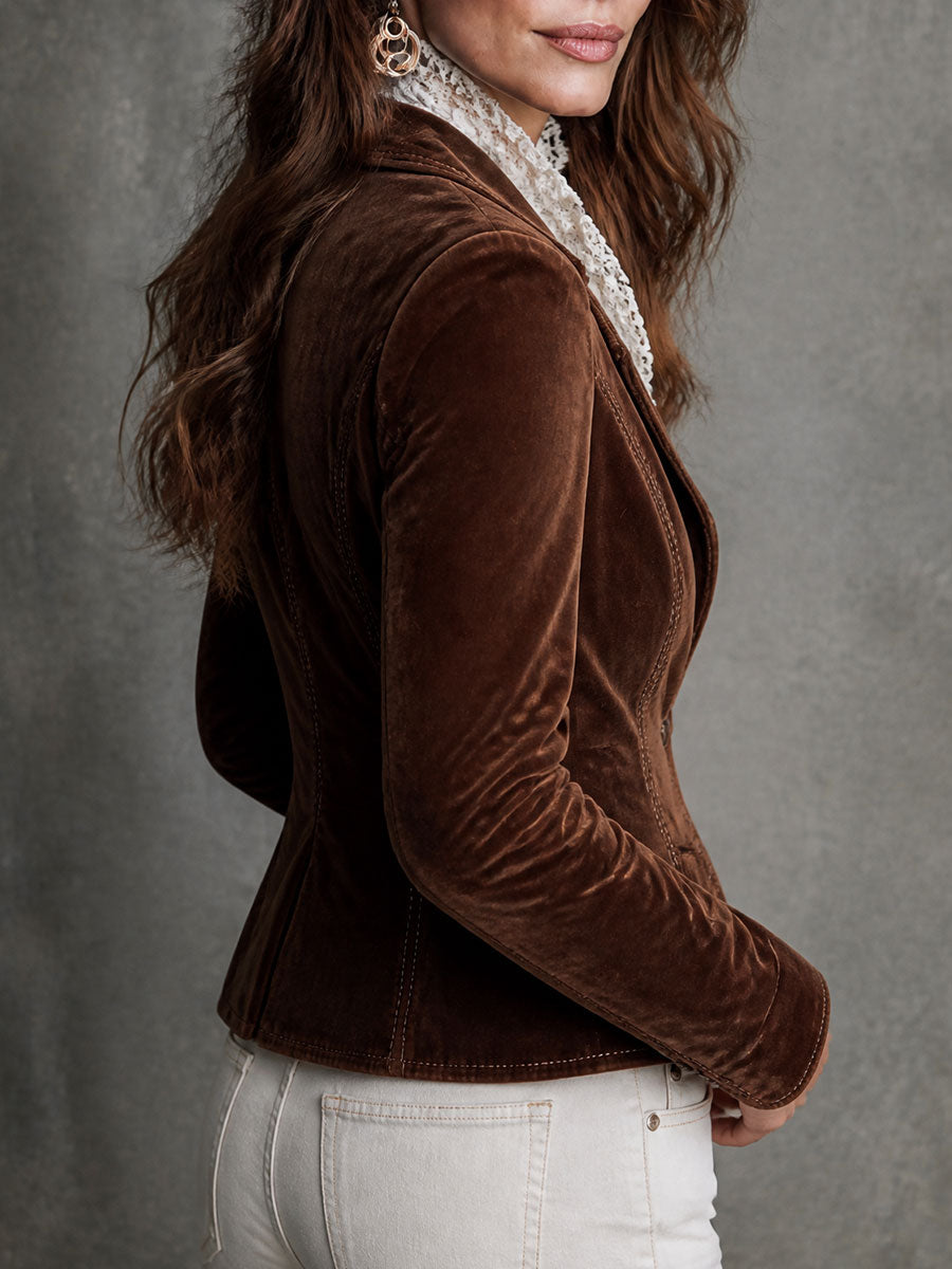 Boho Fitted Velvet Blazer with Contrast Stitching