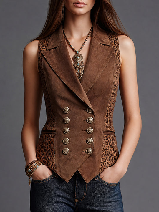Brown Suede Leopard Panel Tailored Vest