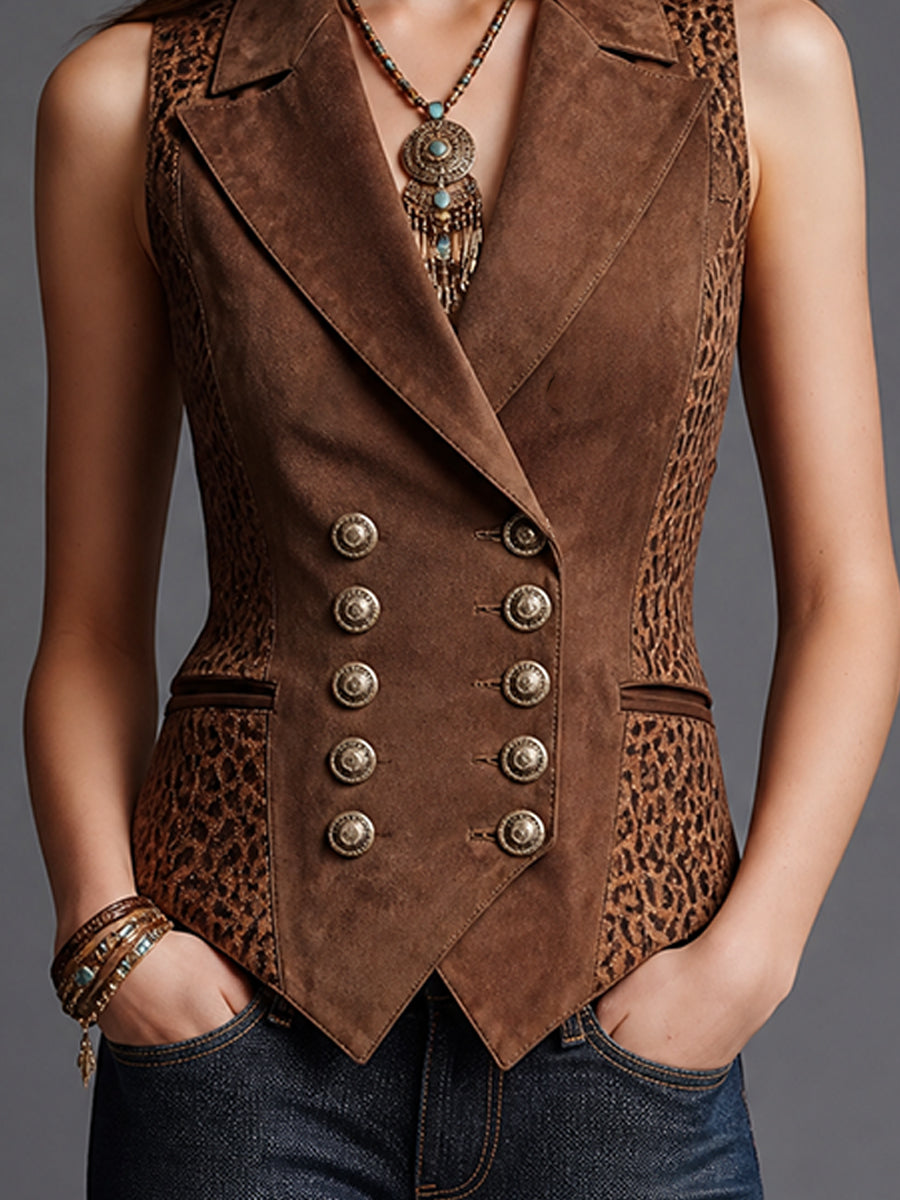 Brown Suede Leopard Panel Tailored Vest