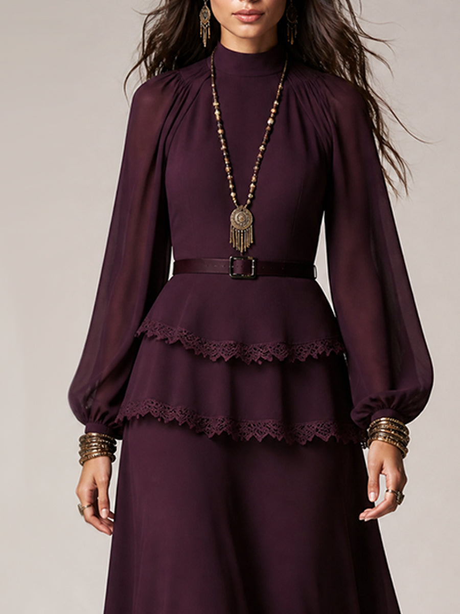 Burgundy Purple Lace Trim Tiered Midi Dress