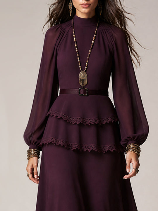 Burgundy Purple Lace Trim Tiered Midi Dress