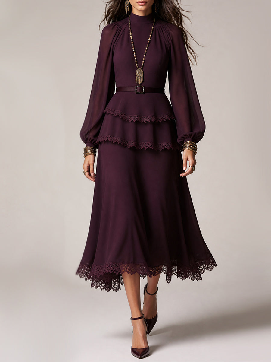 Burgundy Purple Lace Trim Tiered Midi Dress