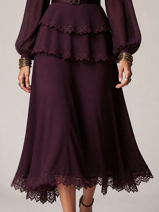 Burgundy Purple Lace Trim Tiered Midi Dress