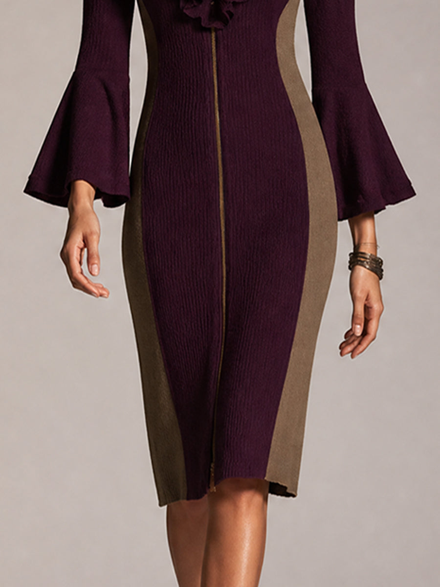 Burgundy Colorblock Ruffle Zip Knit Dress