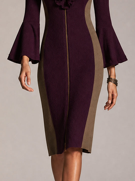 Burgundy Colorblock Ruffle Zip Knit Dress
