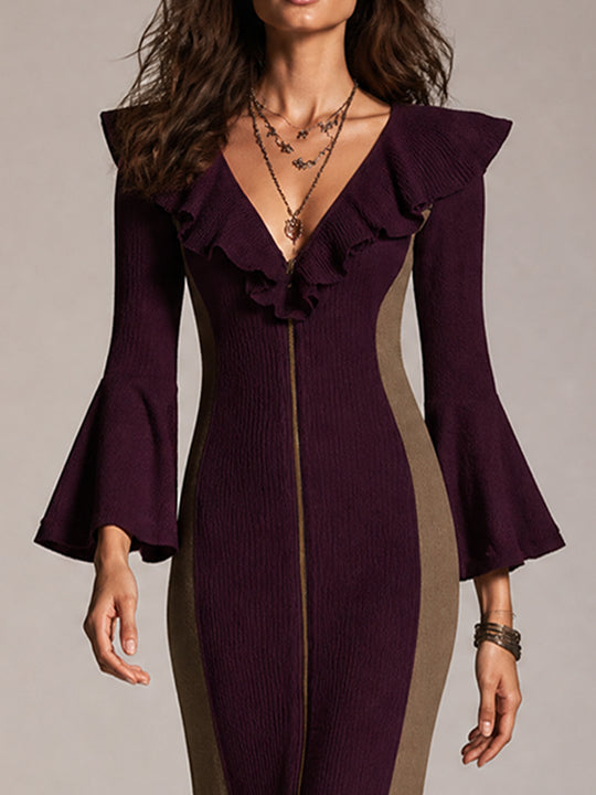 Burgundy Colorblock Ruffle Zip Knit Dress