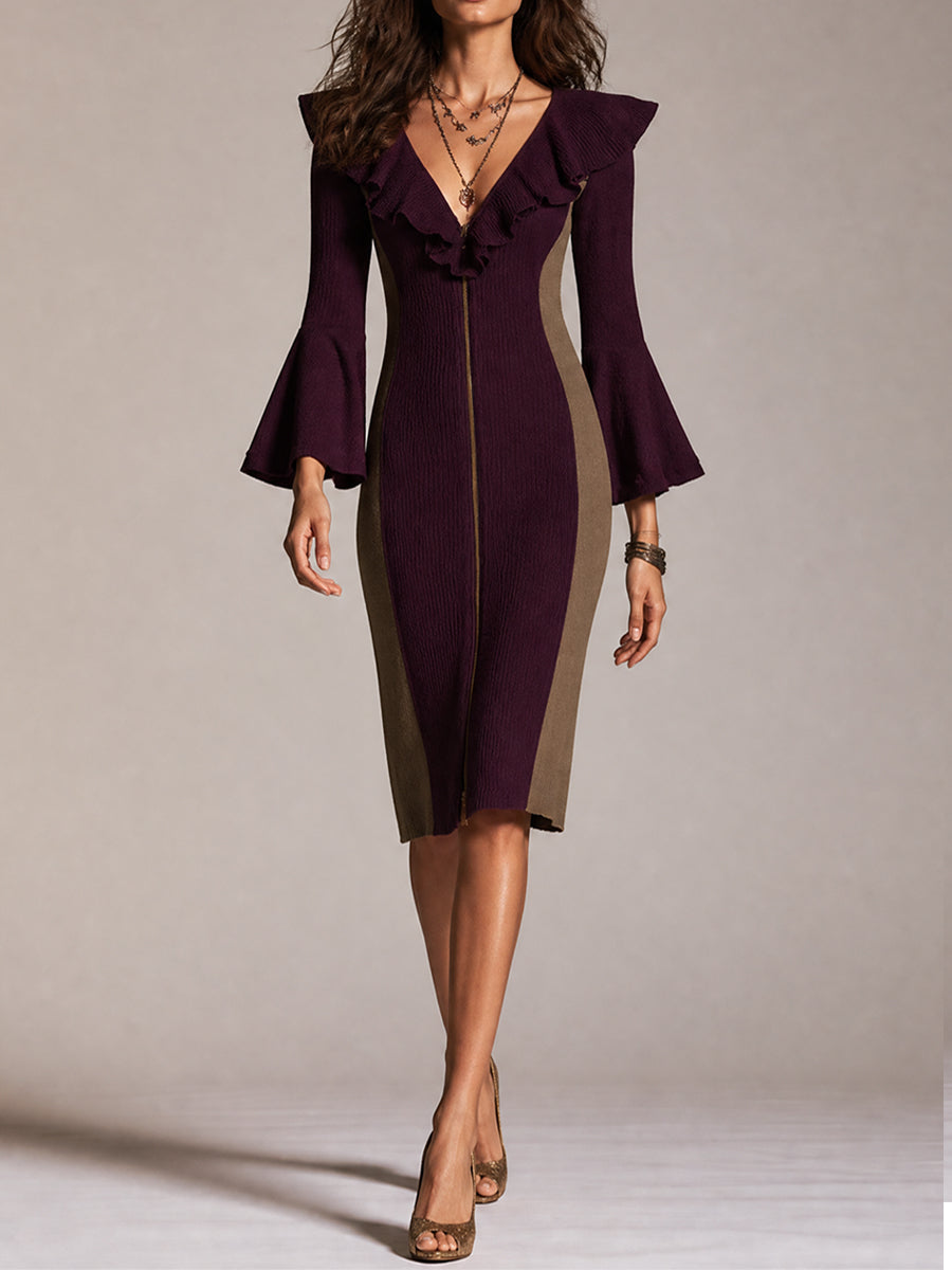 Burgundy Colorblock Ruffle Zip Knit Dress