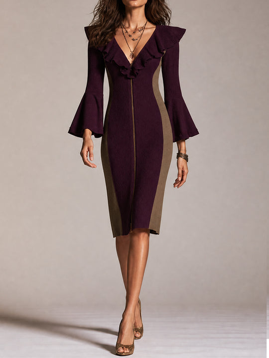 Burgundy Colorblock Ruffle Zip Knit Dress