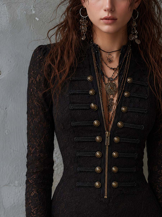 Vintage Military-style Double-breasted Lace Mini Dress