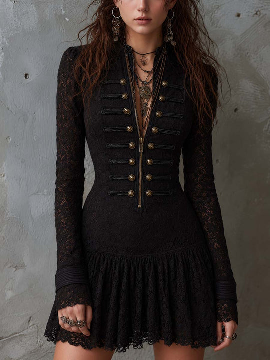 Vintage Military-style Double-breasted Lace Mini Dress